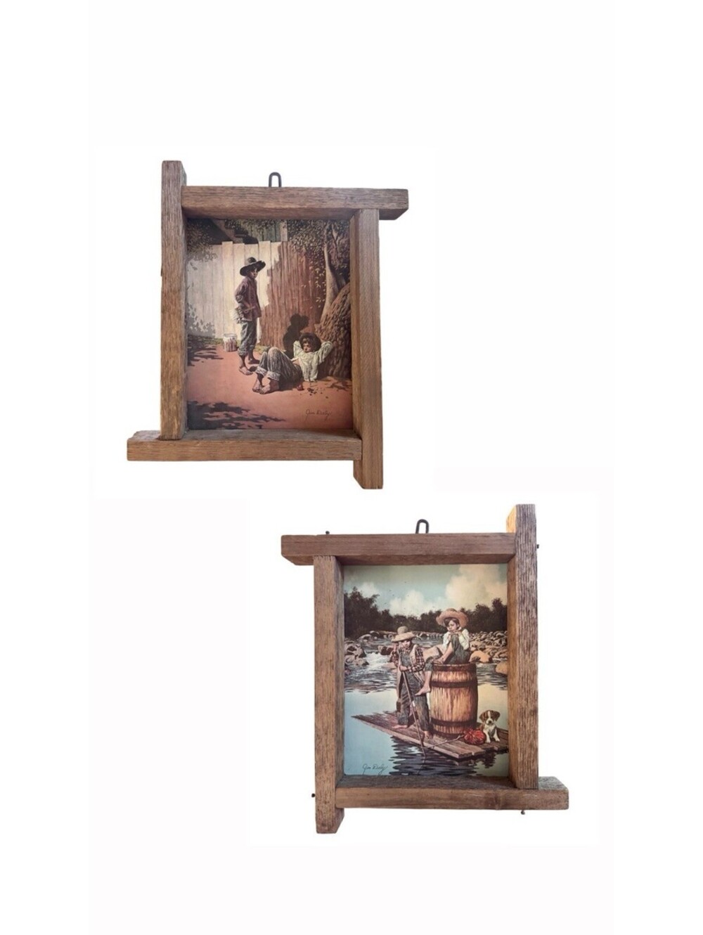 (RF) Vintage Pair Jim Daly Framed Art Prints Set Boys Fishing Raft Rustic Frame